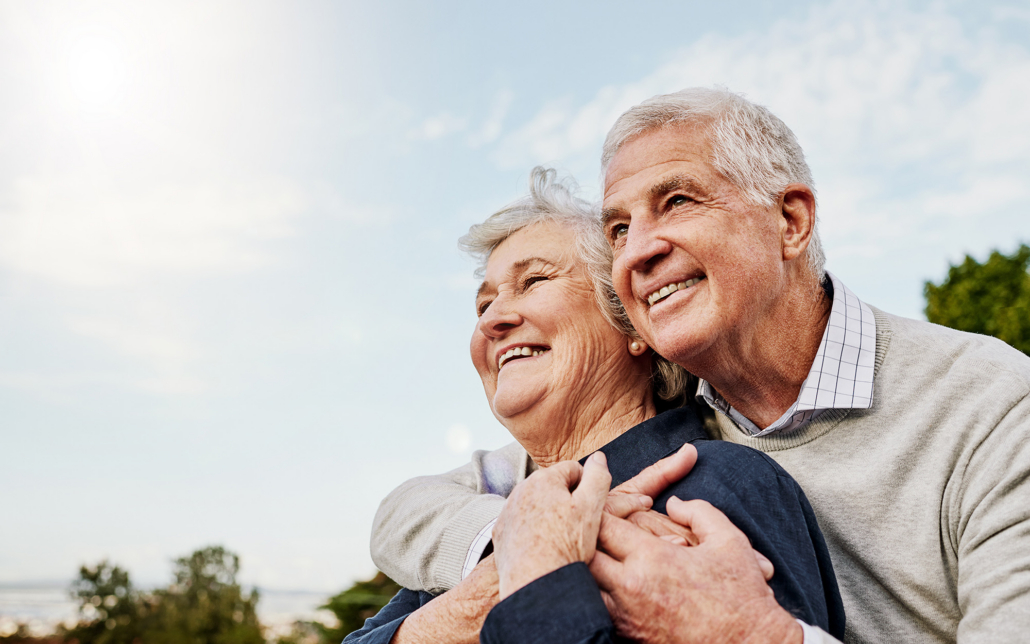 Sky, Elderly Couple And Hug Outdoors Or Happy In Retirement Or Husband And Wife In Nature