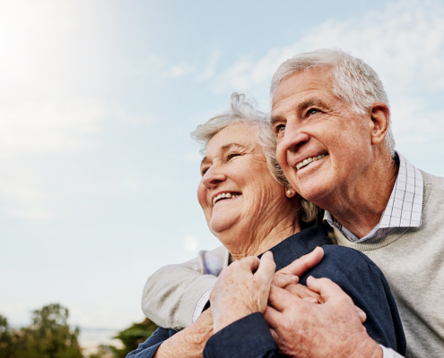 Sky, Elderly Couple And Hug Outdoors Or Happy In Retirement Or Husband And Wife In Nature