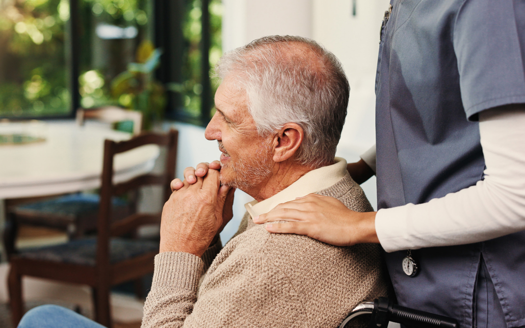 Support, Caregiver And Senior Man With Wheelchair In Home