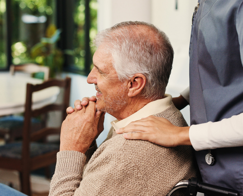 Support, Caregiver And Senior Man With Wheelchair In Home