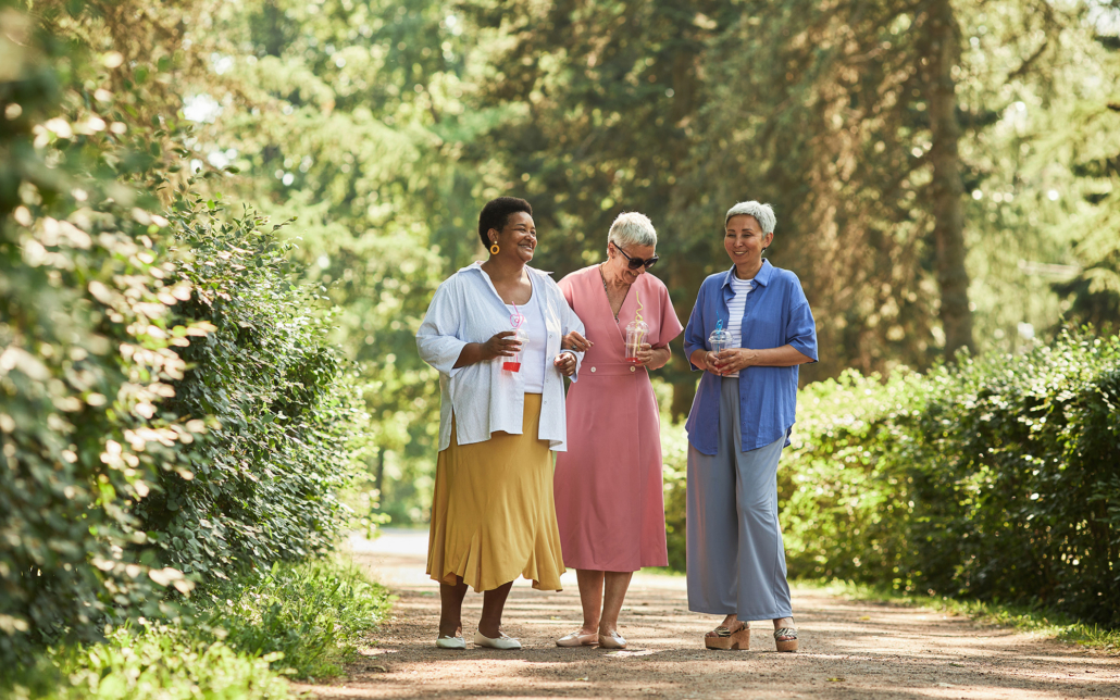 Group Of Cheerful Senior Women Walking Towards Camera In Park And Enjoying Summer