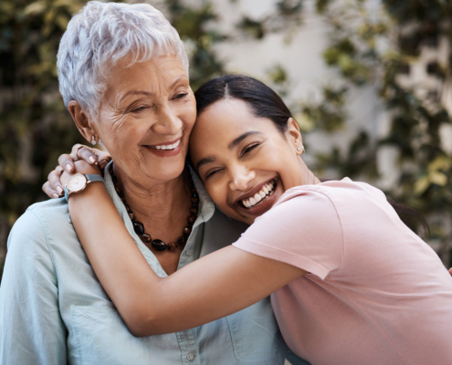 Happy, Hug And Portrait Of A Mother And Woman In A Garden On Mothers Day